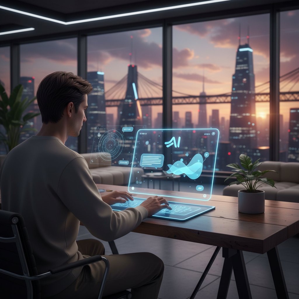 Osoba korzystająca z chatu AI na smartfonie, nowoczesne tło