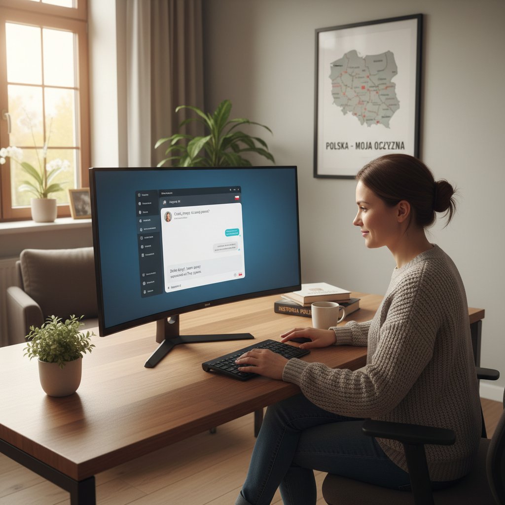 Zdjęcie osoby testującej chatboty AI na laptopie w domowym biurze, skupiona twarz, polskie napisy na ekranie