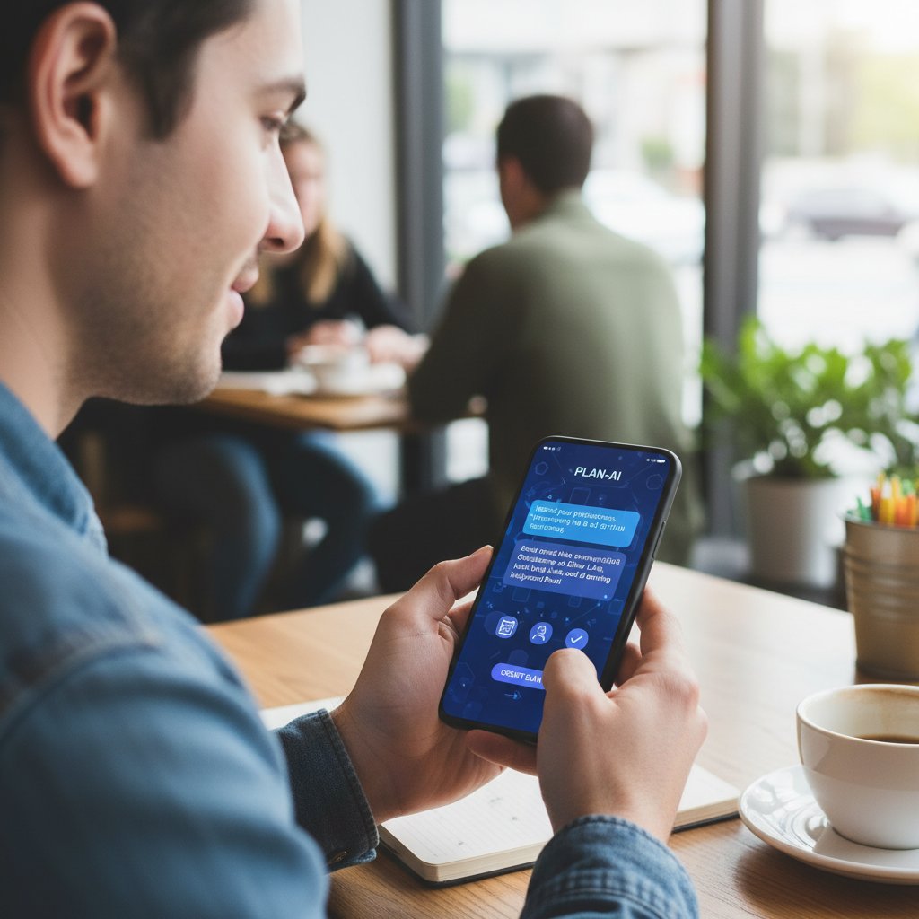 Osoba korzystająca z telefonu z aplikacją do planowania i chatbotem AI