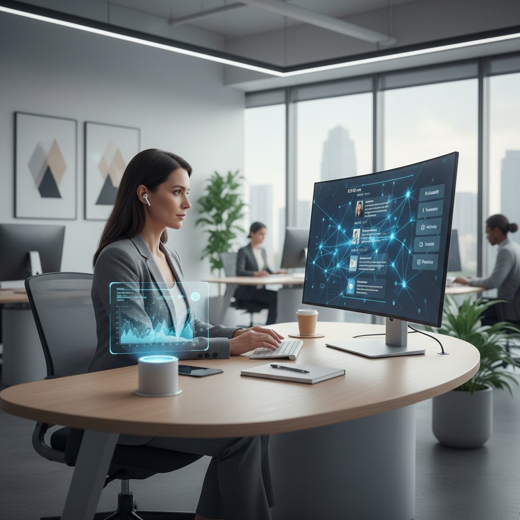 Osoba korzystająca z platformy AI do zarządzania pocztą w biurze, nowoczesny design