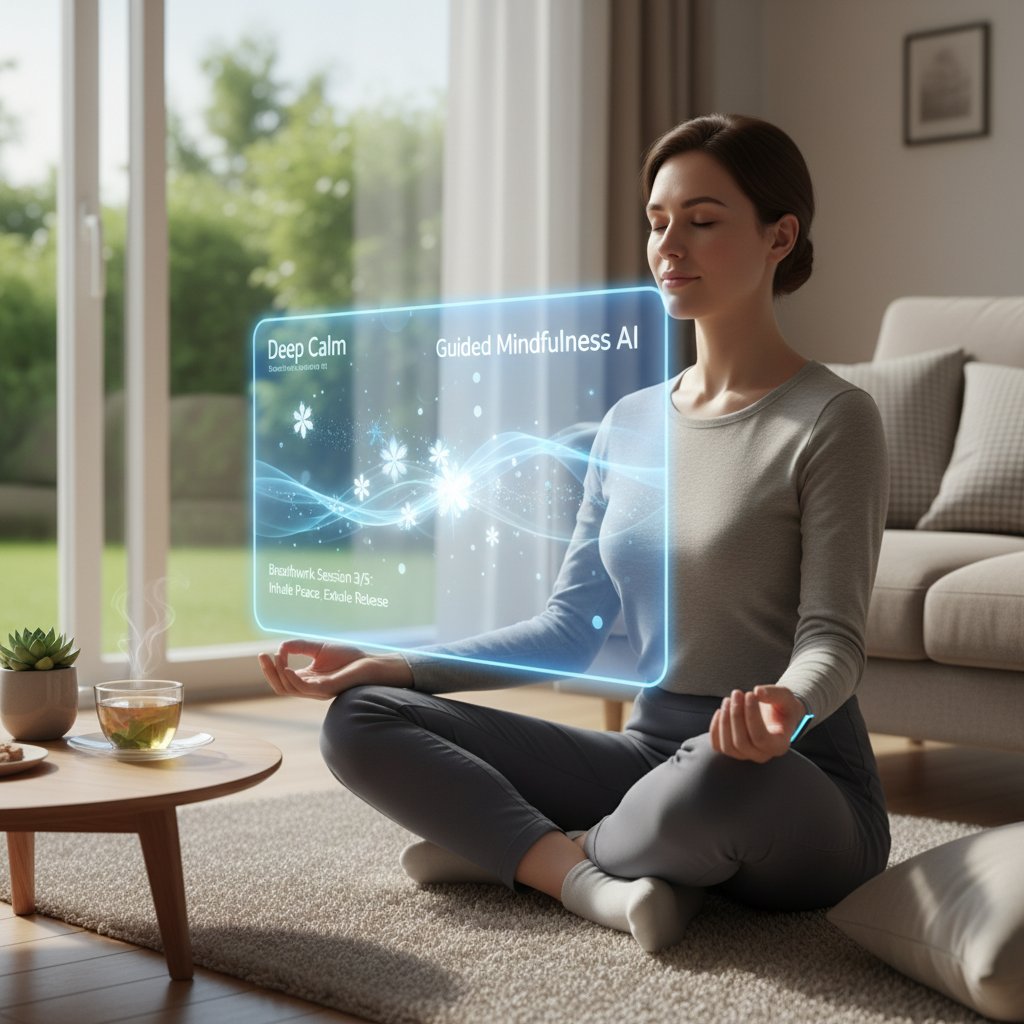 Osoba korzystająca z aplikacji AI do wsparcia emocjonalnego, ekran z ćwiczeniami mindfulness