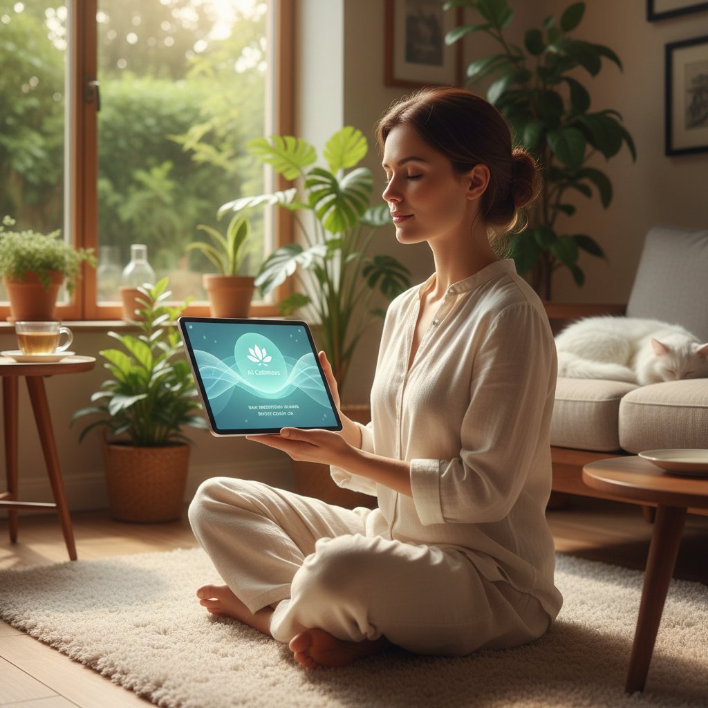 Osoba korzystająca z AI do ćwiczeń mindfulness w domowym zaciszu