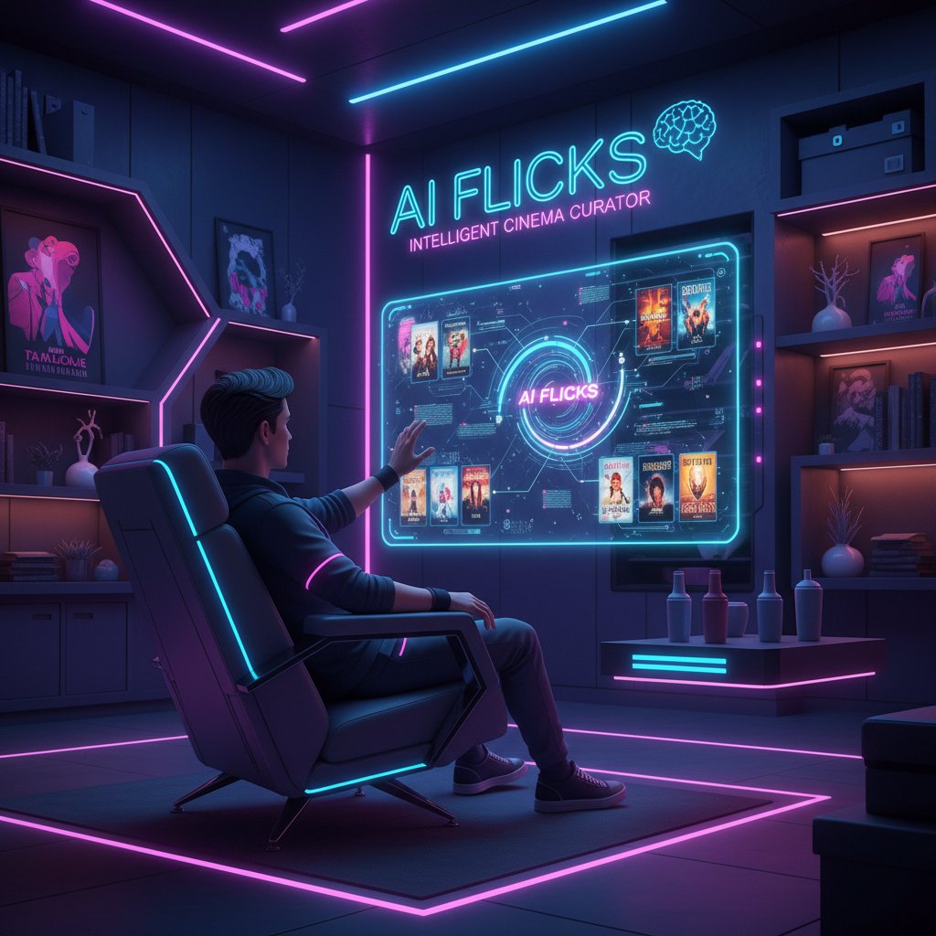 Person using AI-powered movie recommendation platform at night, neon-lit room