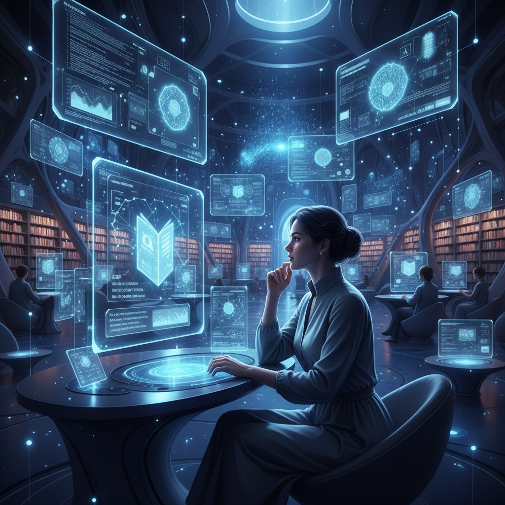 Osoba korzystająca z platformy AI w nastrojowym wnętrzu biblioteki cyfrowej