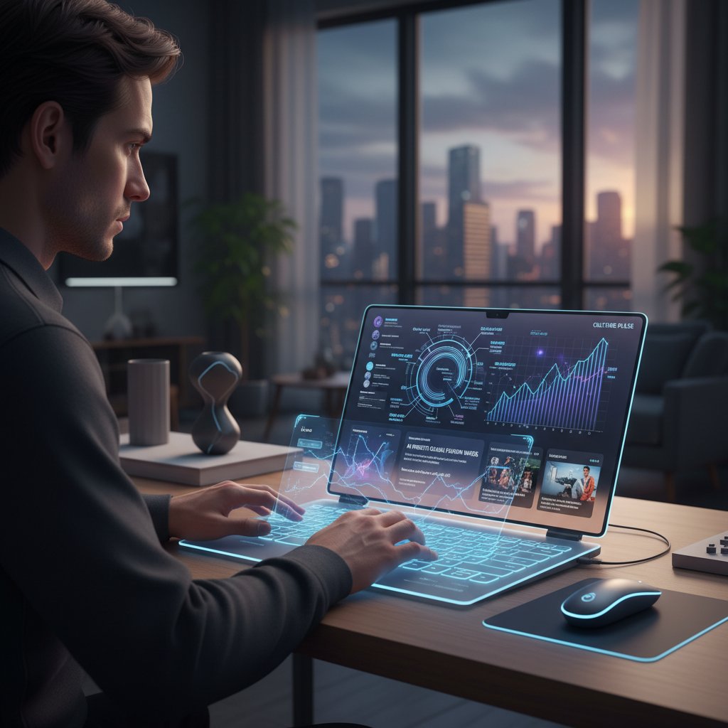 Osoba korzystająca z platformy AI na laptopie, skupiona na analizie trendów kulturalnych