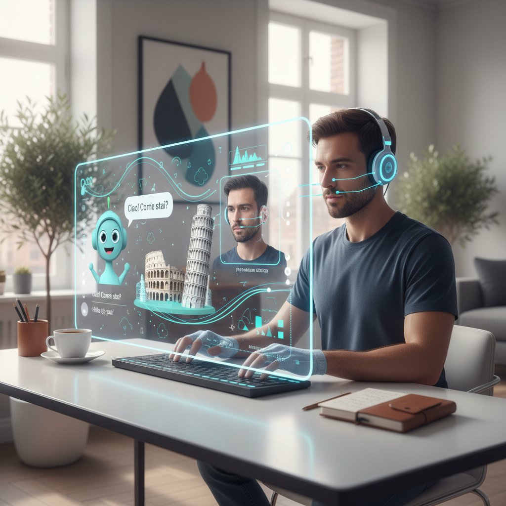 Osoba korzystająca z nowoczesnej platformy AI do nauki włoskiego, włoski online