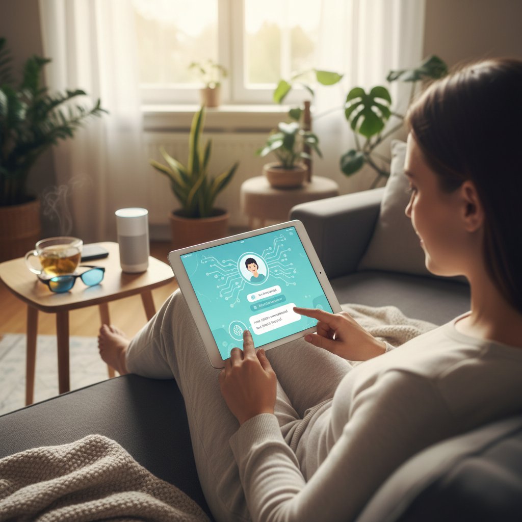 Osoba korzystająca z aplikacji psychologicznej AI w domu, wyświetlającej wskazówki do walki z dezinformacją