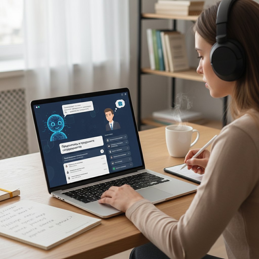 Osoba korzystająca z AI korepetytora online na laptopie, ekran z symulacją dialogu biznesowego w języku rosyjskim