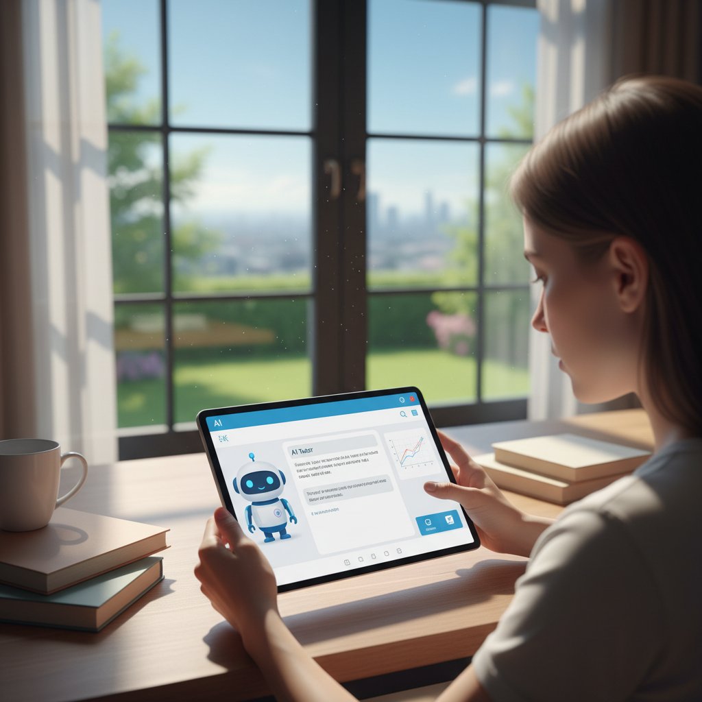 Osoba korzystająca z aplikacji korepetytora AI na tablecie, przy oknie, dzień, rośliny na parapecie