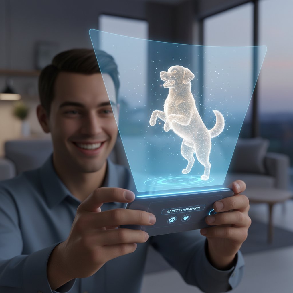 Osoba korzystająca z aplikacji piesek.ai, uśmiechnięta, w tle realistyczna projekcja wirtualnego psa