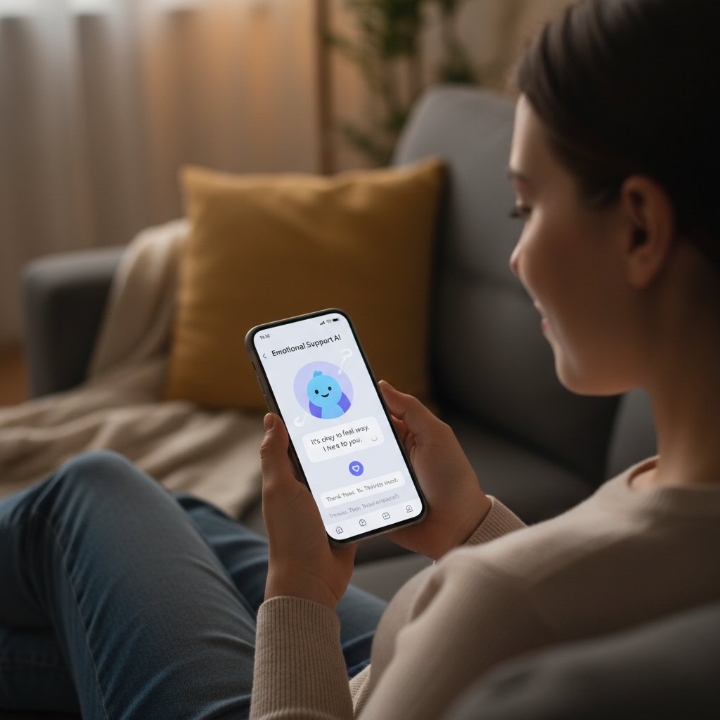 Osoba korzystająca z aplikacji AI na smartfonie, skupiona twarz, temat: wsparcie emocjonalne przez technologię