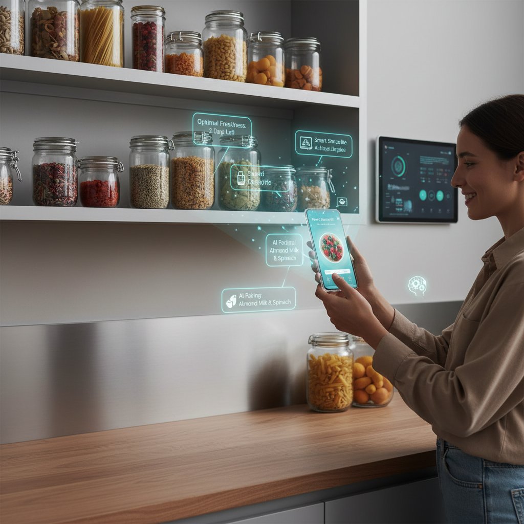 Osoba korzystająca z aplikacji na telefonie, w tle półka z jedzeniem, nowoczesna technologia, AI wspierające alergików