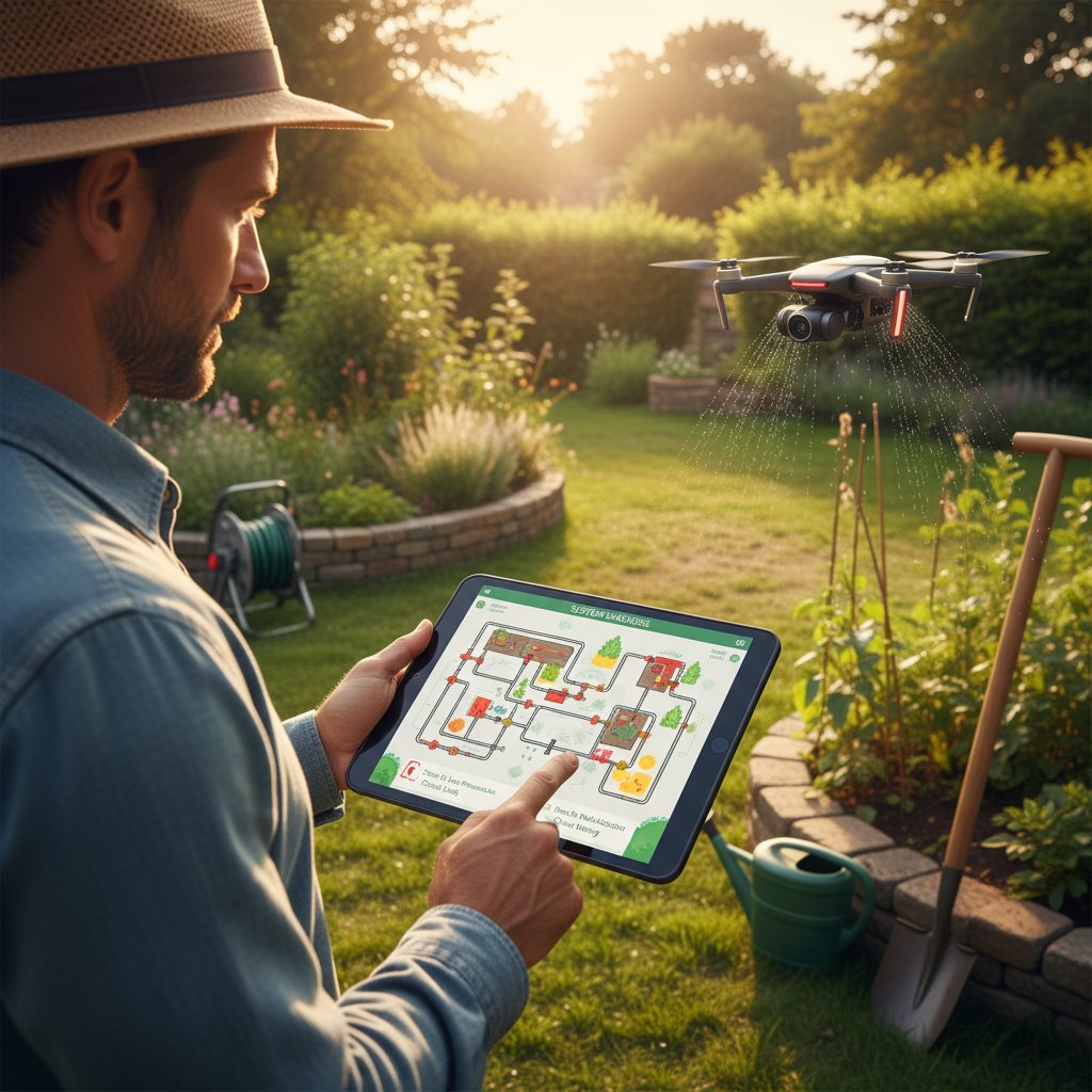 Osoba korzystająca z aplikacji ogrodnik.ai do analizy problemów z systemem zraszania