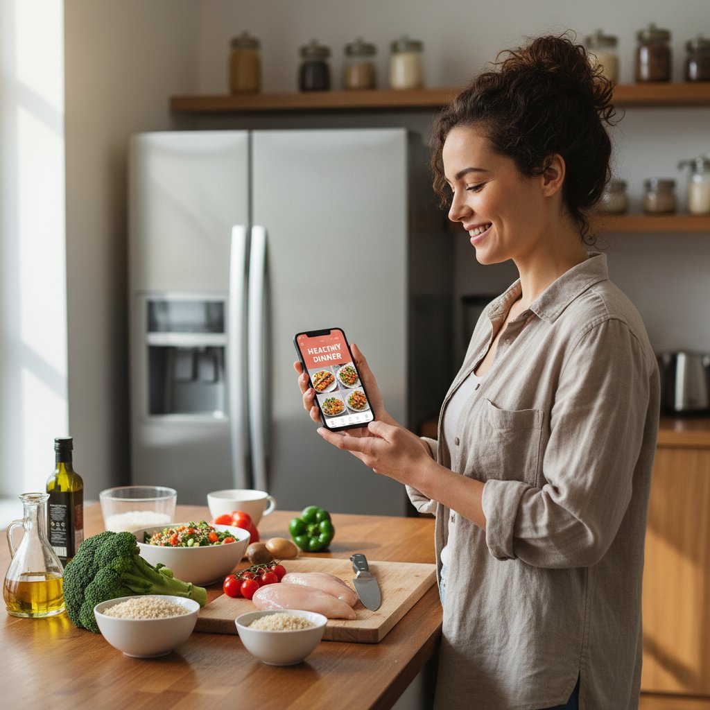 Osoba korzystająca z aplikacji medyk.ai podczas przygotowywania zdrowej kolacji