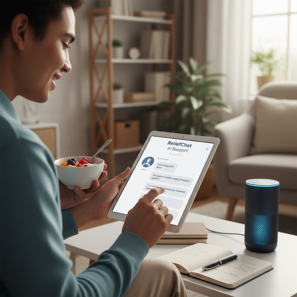 Osoba korzystająca z aplikacji zdrowotnej, wsparcie online, zaburzenia odżywiania, technologia AI