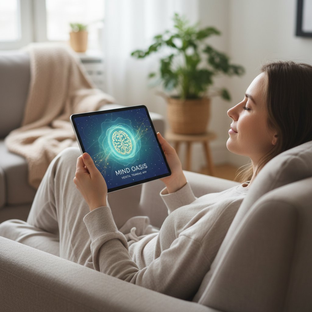 Osoba korzystająca z aplikacji psychologicznej na smartfonie, w tle relaksująca sceneria