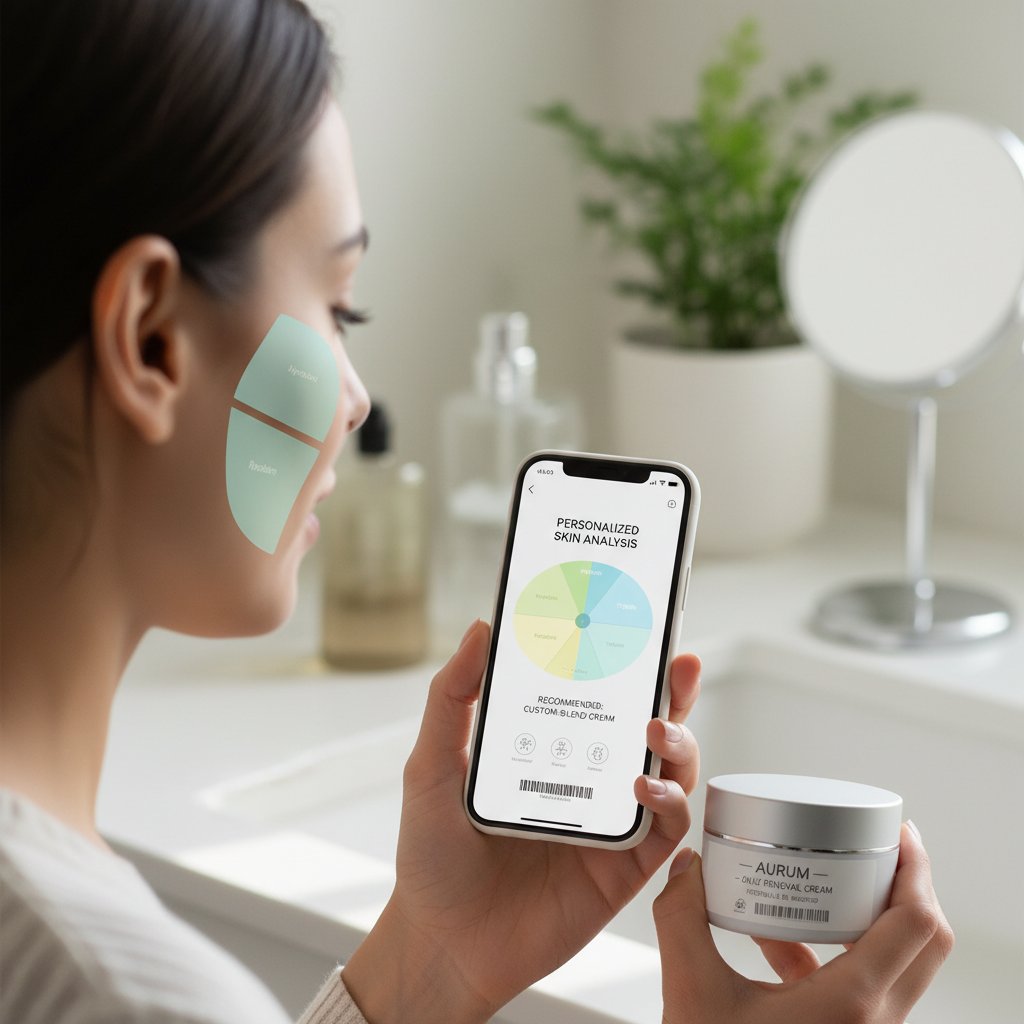Osoba korzystająca z aplikacji analizującej skórę, obok spersonalizowany krem