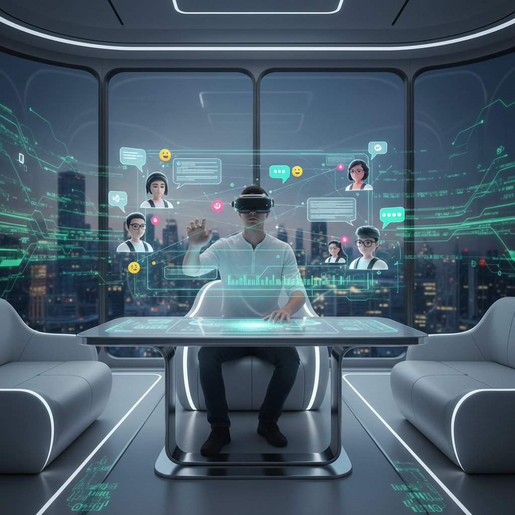 Osoba korzystająca z rozszerzonej rzeczywistości podczas rozmowy online, nowoczesny pokój