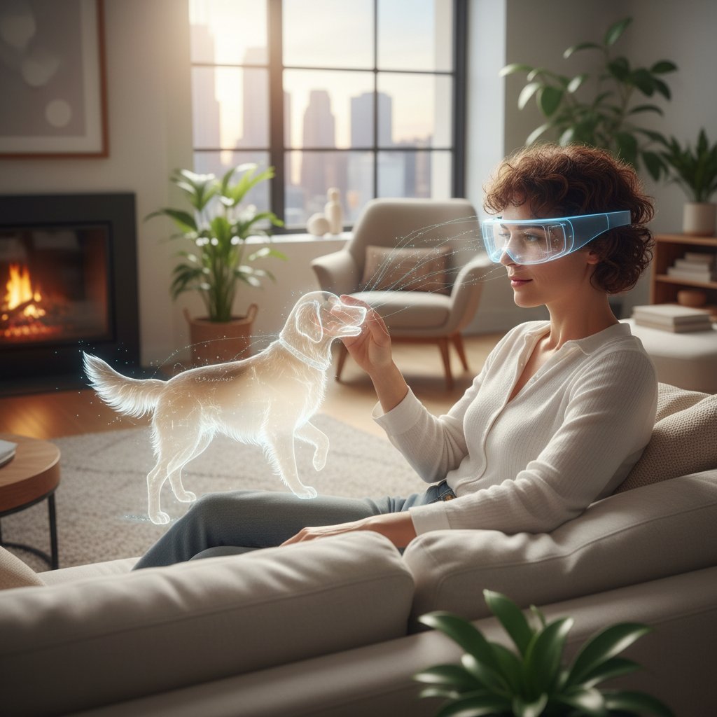 Osoba korzystająca z okularów AR, w salonie widoczny hologram psa terapeutycznego