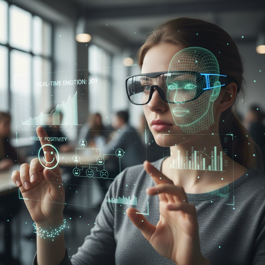 Osoba korzystająca z okularów AR, na ekranie interfejs analizujący emocje na bieżąco