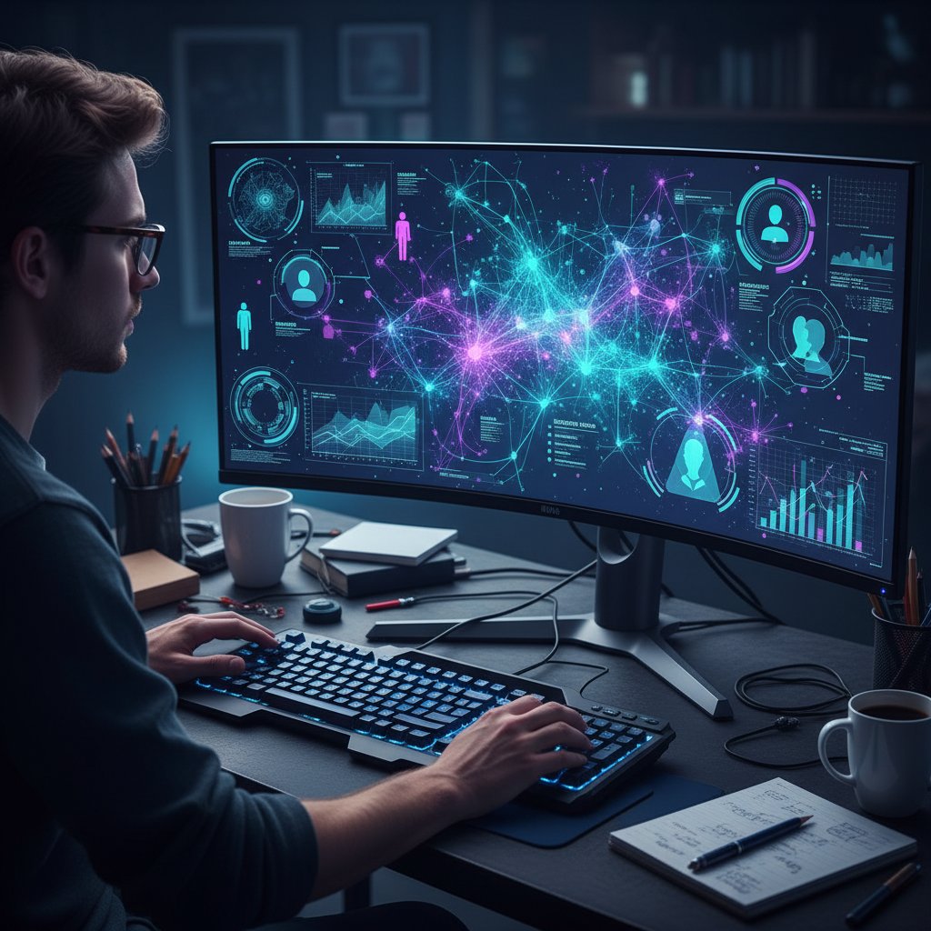 Zdjęcie osoby korzystającej z komputera z nałożonymi wzorami danych AI