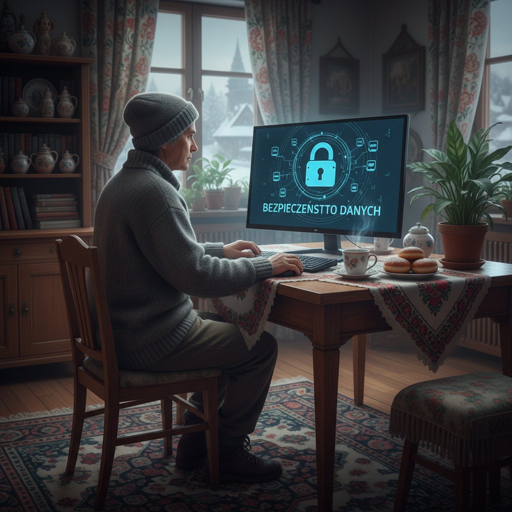 Osoba korzystająca z komputera, ekran z symbolem kłódki, polska scena domowa, bezpieczeństwo danych