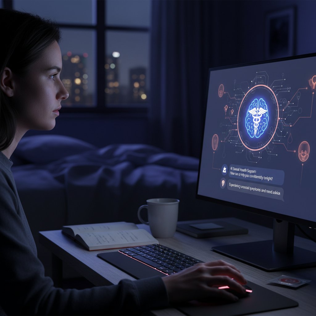Zdjęcie osoby korzystającej z komputera przy oknie nocą, symbolizujące korzystanie z narzędzi AI do wsparcia emocjonalnego