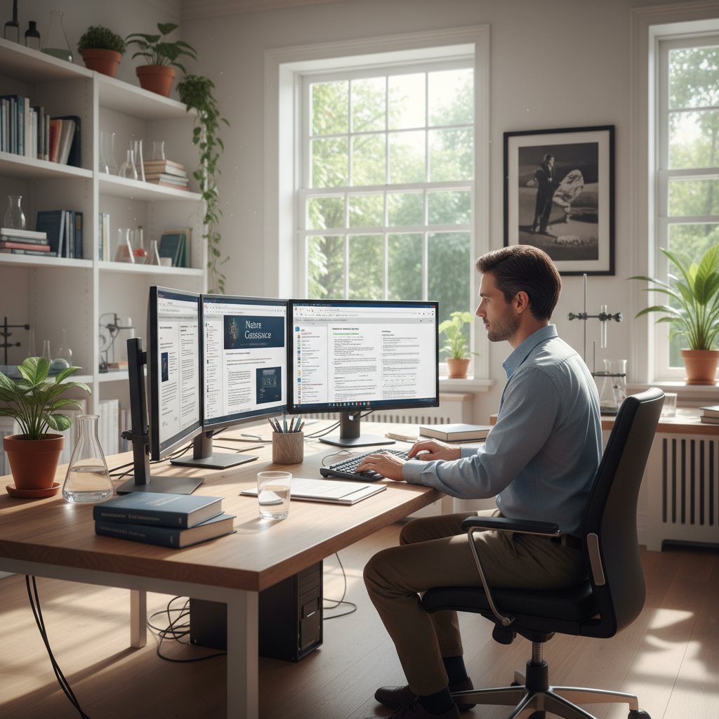 Osoba korzystająca z komputera, przeglądająca różne źródła naukowe w jasnym pomieszczeniu