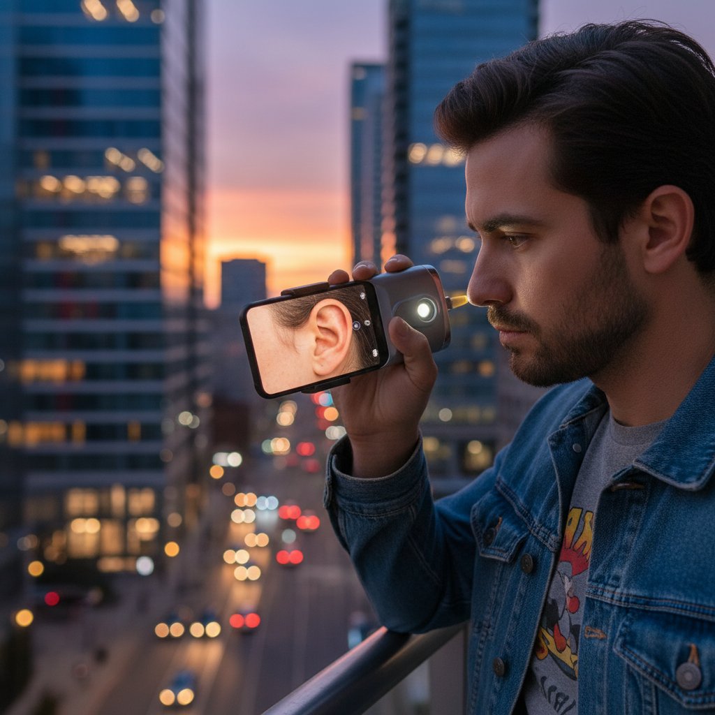 Osoba używająca popularnego gadżetu do czyszczenia uszu, tło w stylu urban, atmosferyczne światło