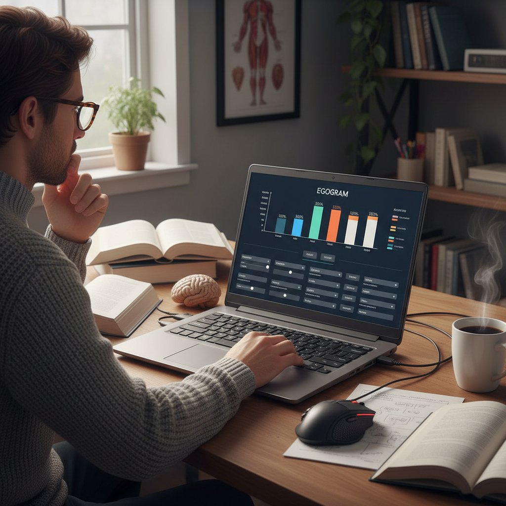 Zdjęcie osoby korzystającej z narzędzia egogramowego na laptopie, technologia i psychologia