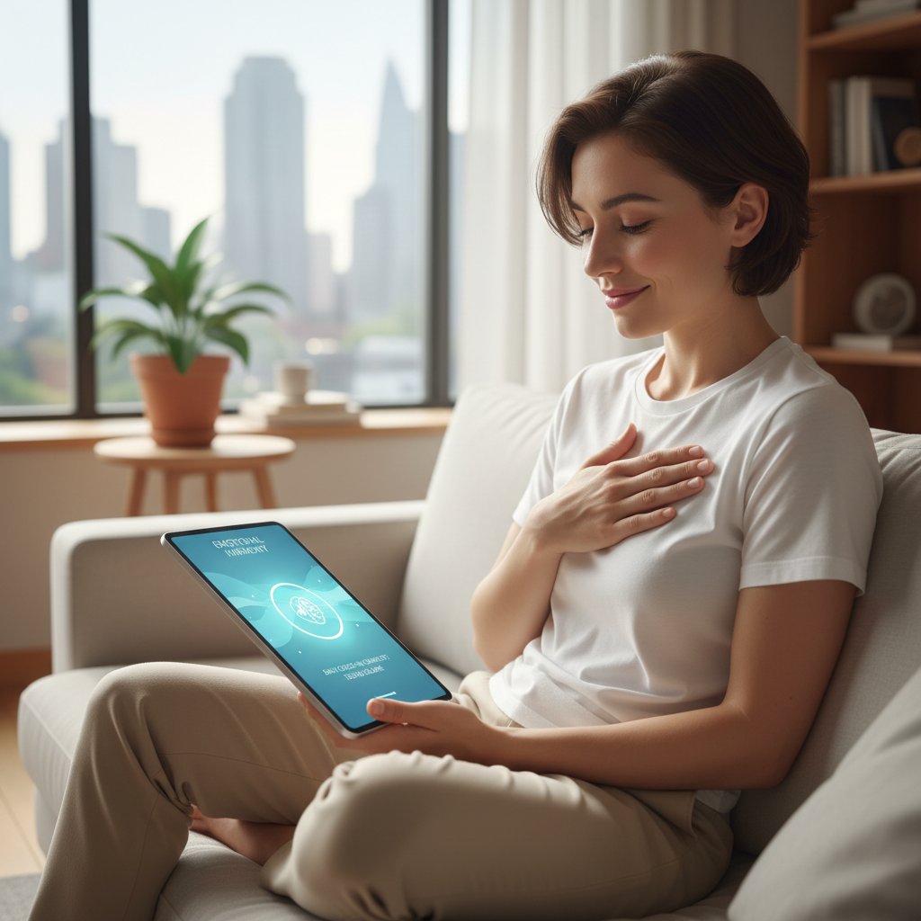 Osoba korzystająca z aplikacji wsparcia emocjonalnego na smartfonie, poczucie ulgi, nowoczesność