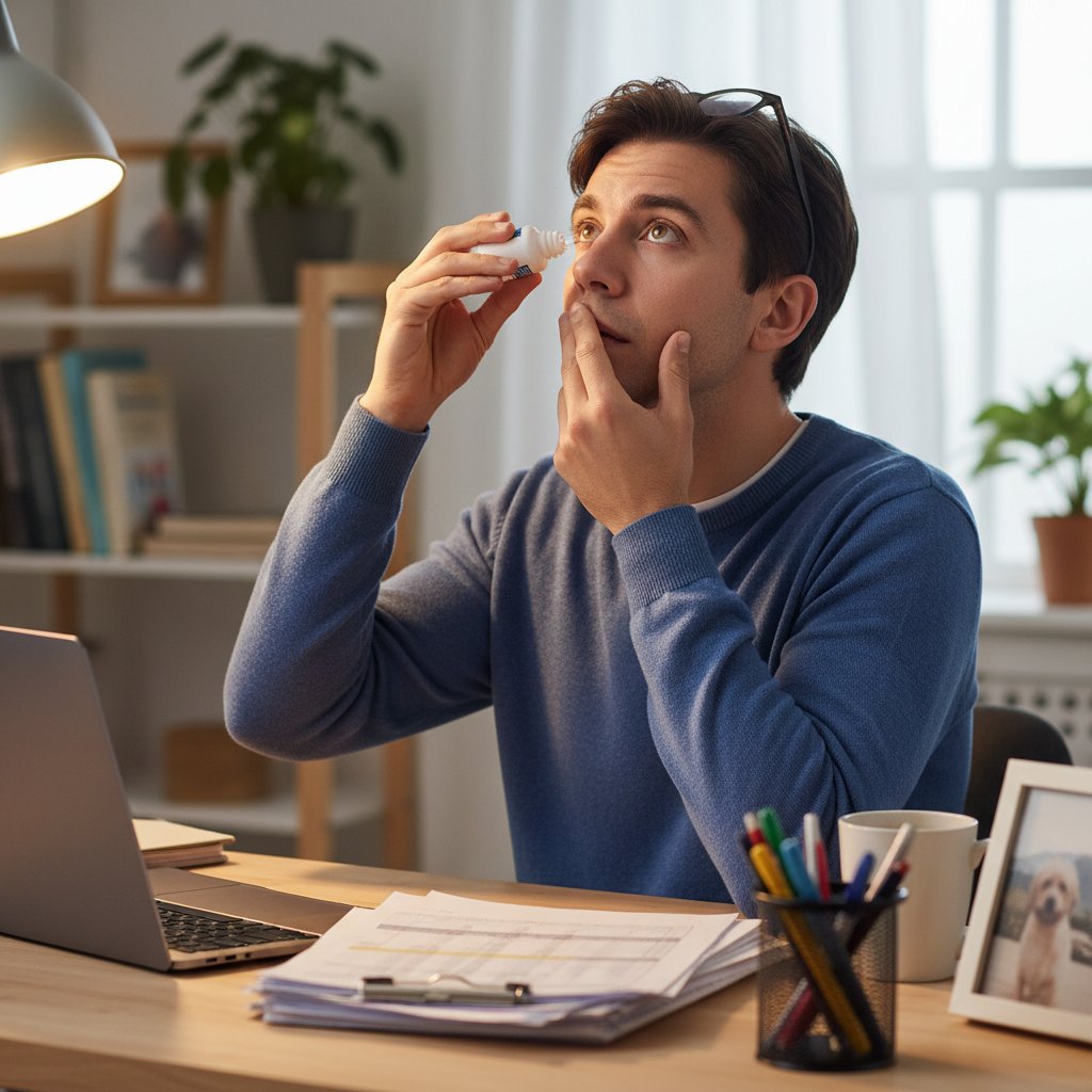 Osoba aplikująca krople do oczu przy biurku w pracy, symbolizująca codzienność z zapaleniem tęczówki