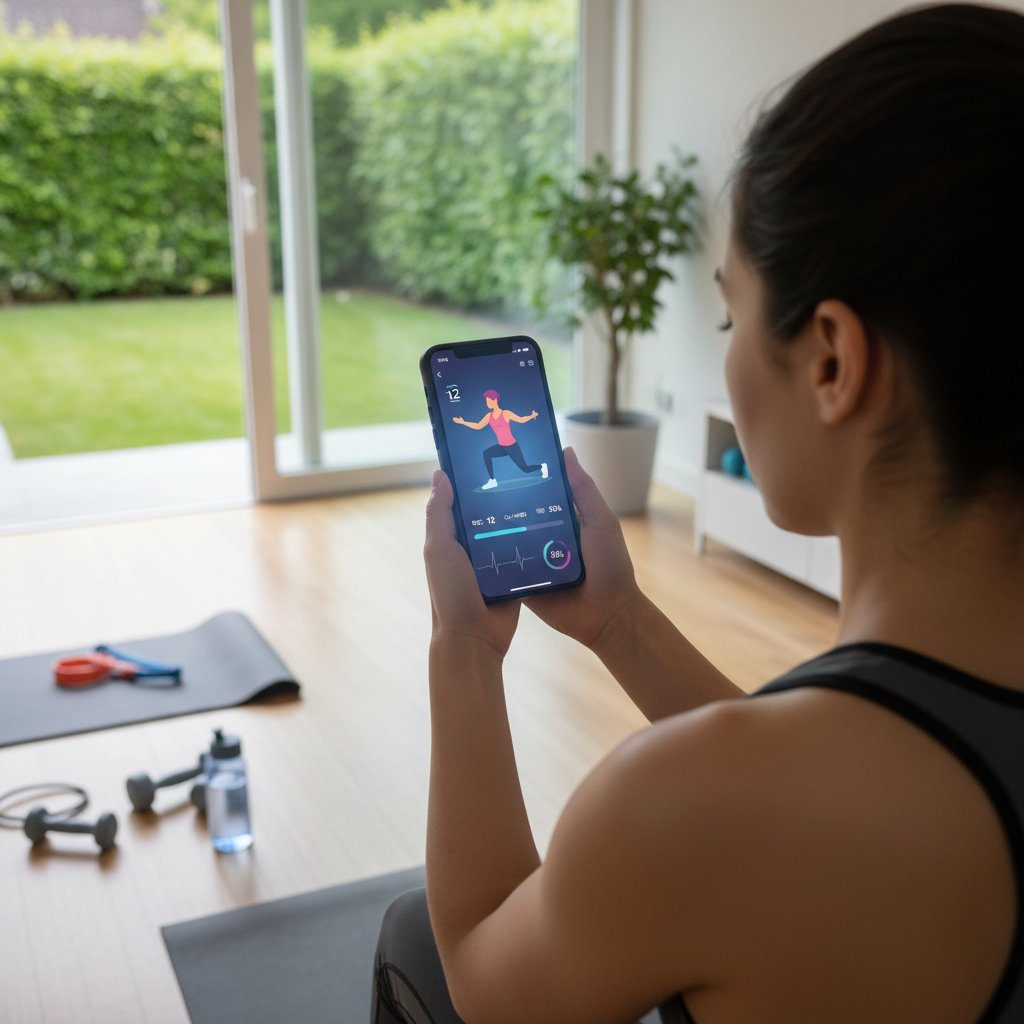 Telefon ze zrzutem ekranu aplikacji fitness, osoba wykonująca ćwiczenia z trenerką AI