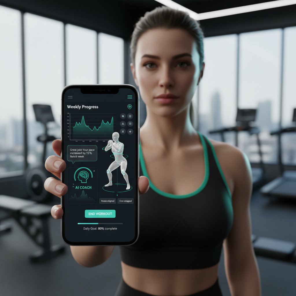 Osoba korzystająca z aplikacji fitness na smartfonie podczas treningu, monitorowanie postępów, wsparcie AI