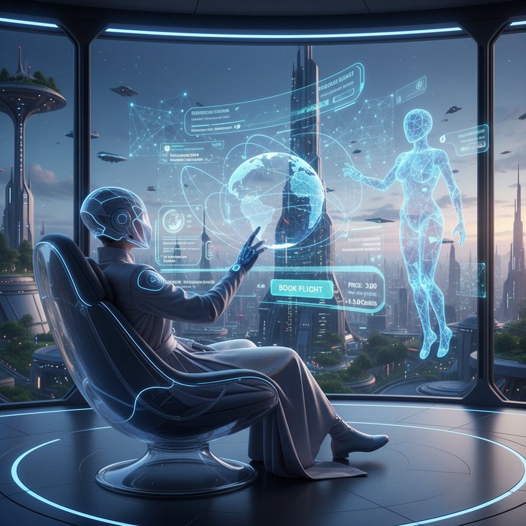 Osoba korzystająca z zaawansowanego narzędzia do wyszukiwania lotów, ekrany z analizą danych, słowa kluczowe: AI, rezerwacja, przyszłość lotów