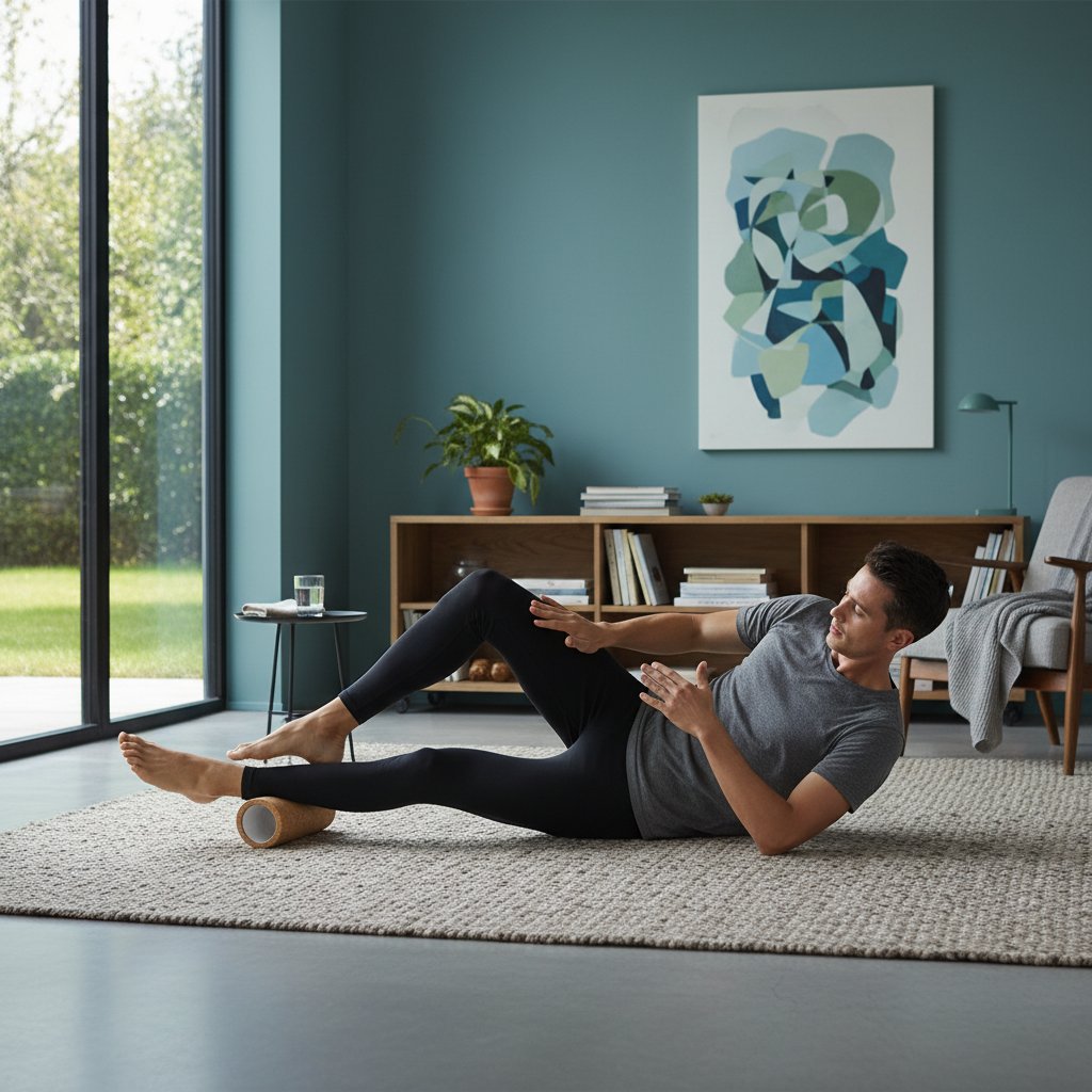 Osoba wykonująca automasaż rollerem w domowym salonie, cool down po treningu