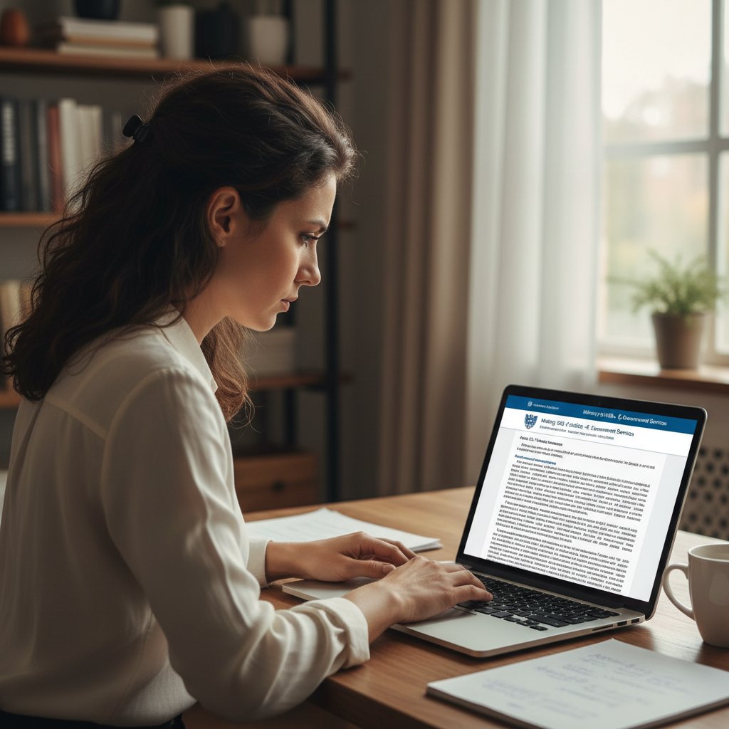 Osoba korzystająca z oficjalnego portalu rządowego na laptopie, skupiona na czytaniu przepisów prawnych
