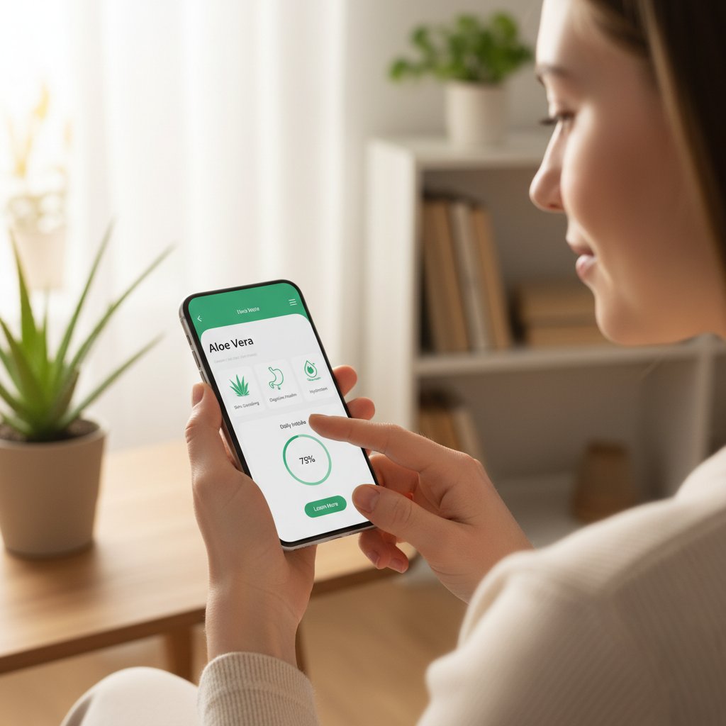 Młoda osoba korzystająca z aplikacji zdrowotnej w telefonie, informacje o aloesie na ekranie