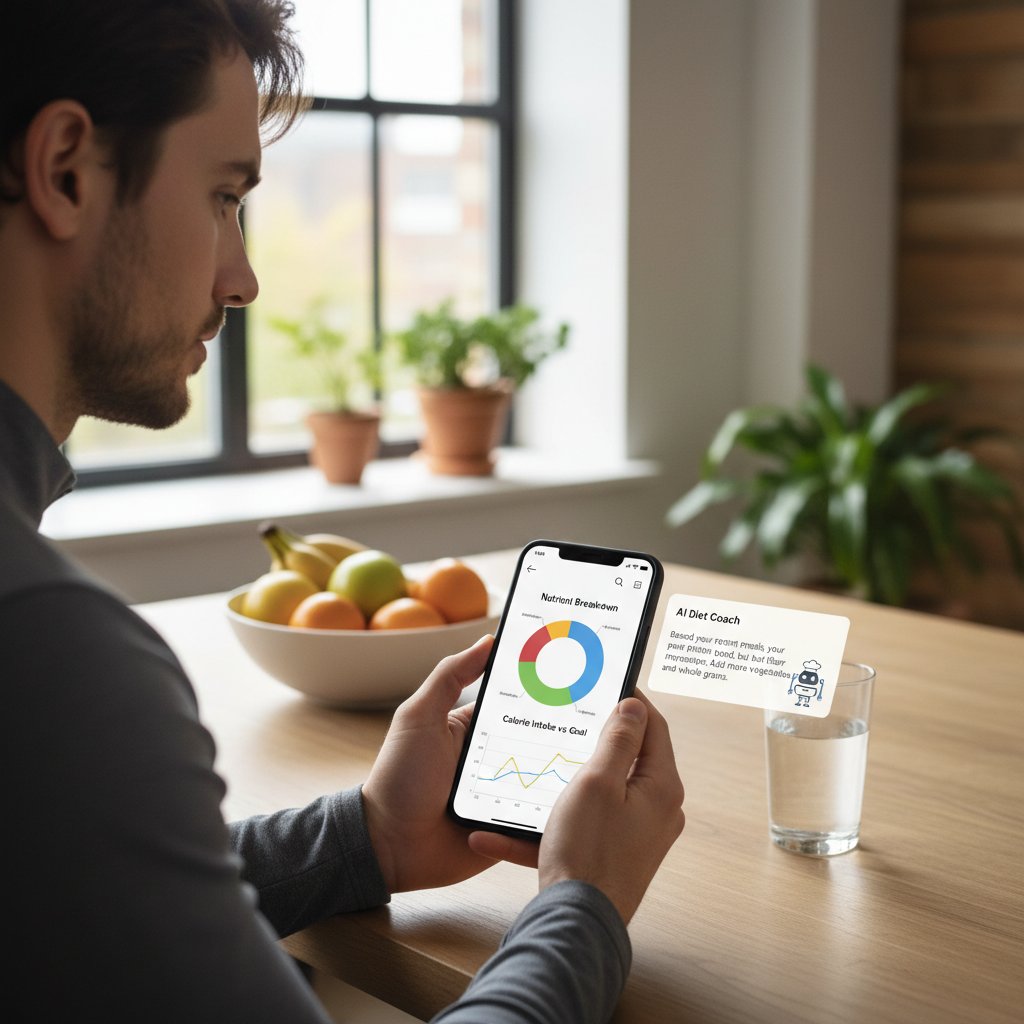 Osoba korzystająca z aplikacji medycznej na smartfonie, analiza diety przez AI