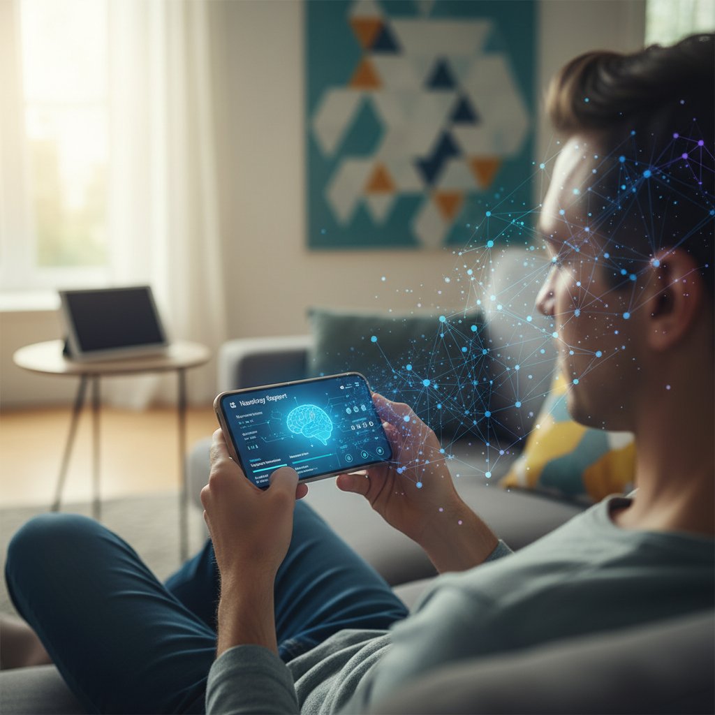 Zdjęcie osoby korzystającej z aplikacji zdrowotnej na smartfonie, symbolizujące wsparcie cyfrowe w neurologii