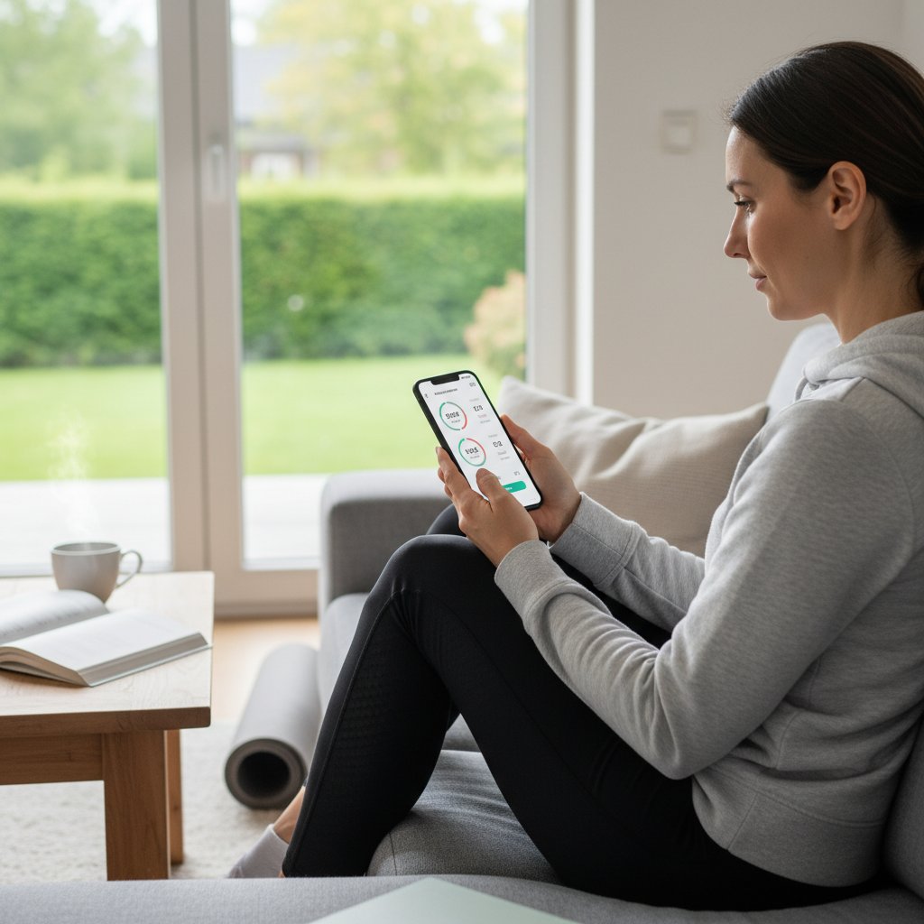 Fotografia: Osoba korzystająca z aplikacji zdrowotnej na smartfonie w domowym wnętrzu