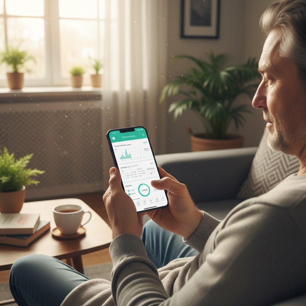 Osoba korzystająca z aplikacji zdrowotnej na smartfonie w domowym otoczeniu