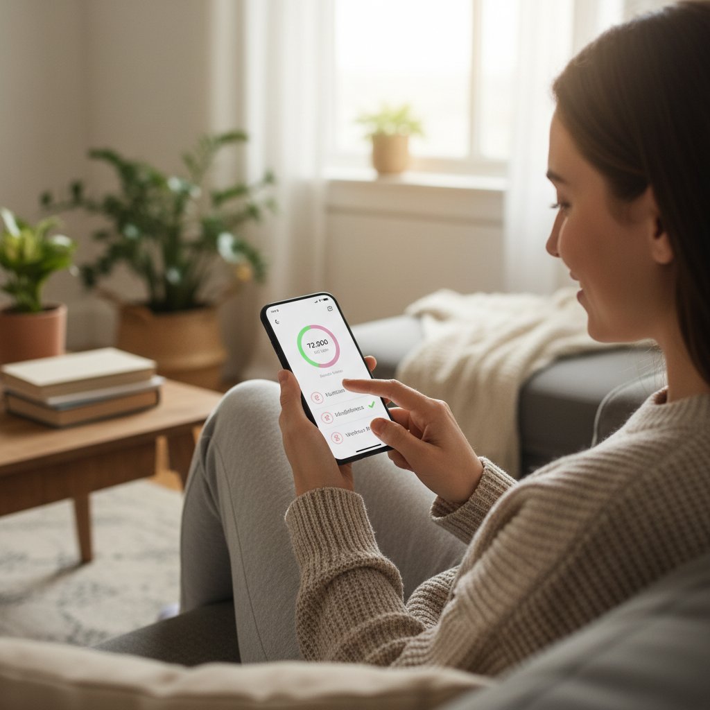 Osoba korzystająca z aplikacji zdrowotnej na smartfonie, domowy klimat, skupienie