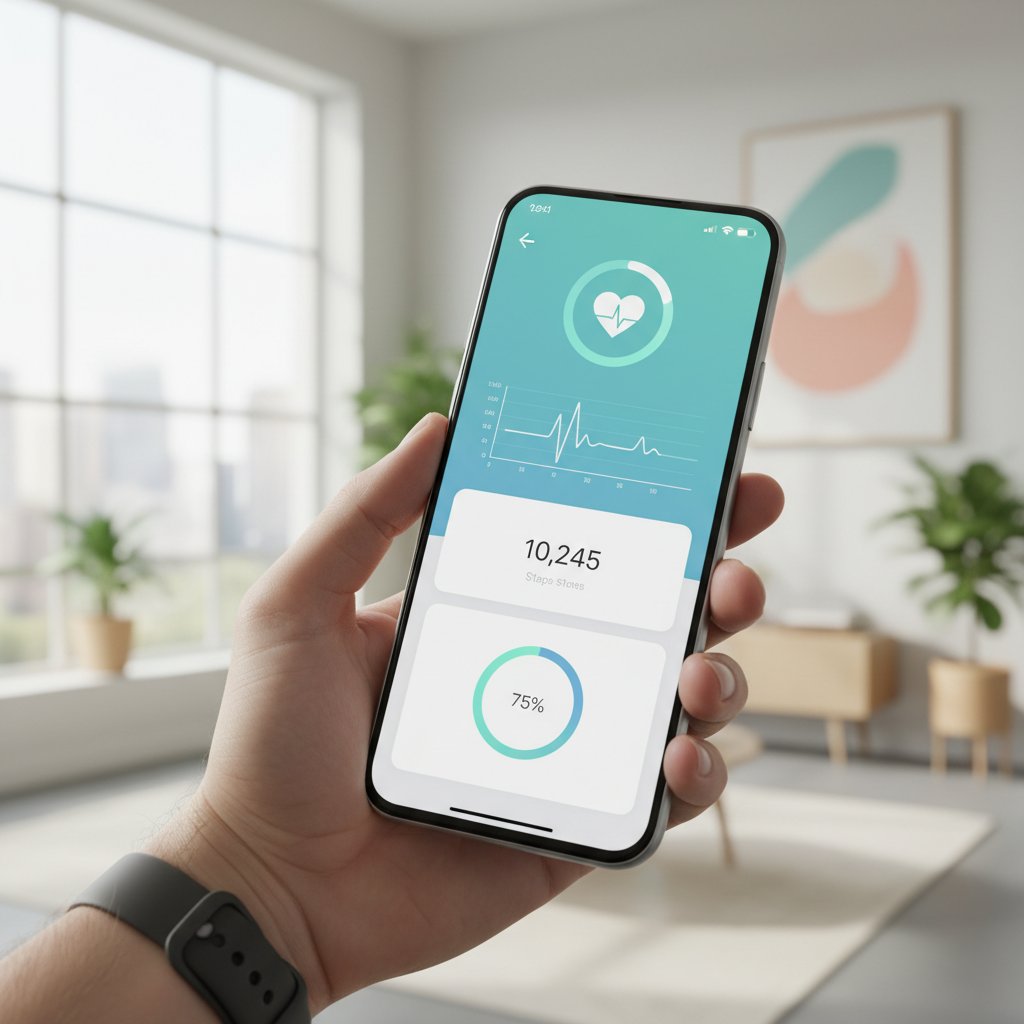 Osoba korzystająca z aplikacji zdrowotnej na smartfonie, skupienie, nowoczesny design