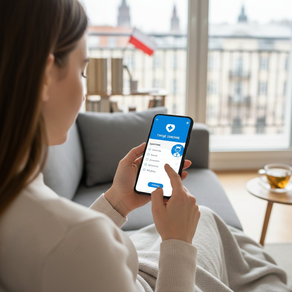 Osoba korzystająca z aplikacji zdrowotnej na smartfonie, analiza objawów, cyfrowe wsparcie w polskich realiach