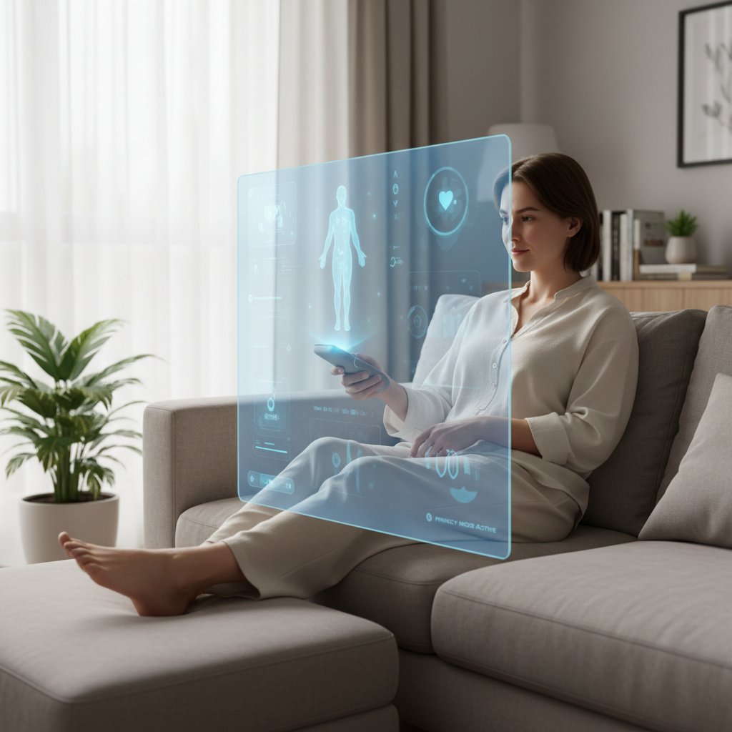 Osoba korzystająca z asystenta zdrowotnego online w domu – bezpieczeństwo i prywatność