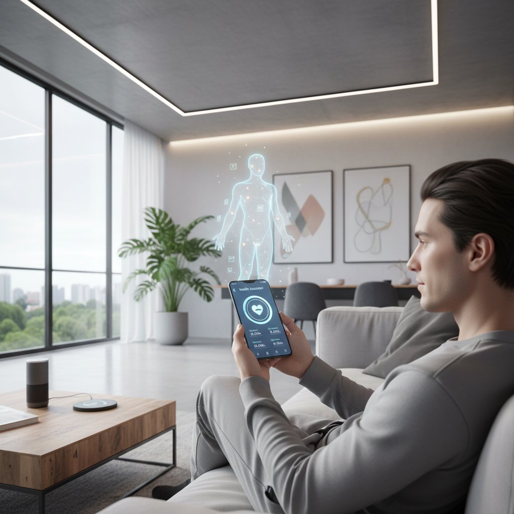 Użytkownik korzystający z inteligentnego asystenta zdrowotnego online w domowym zaciszu