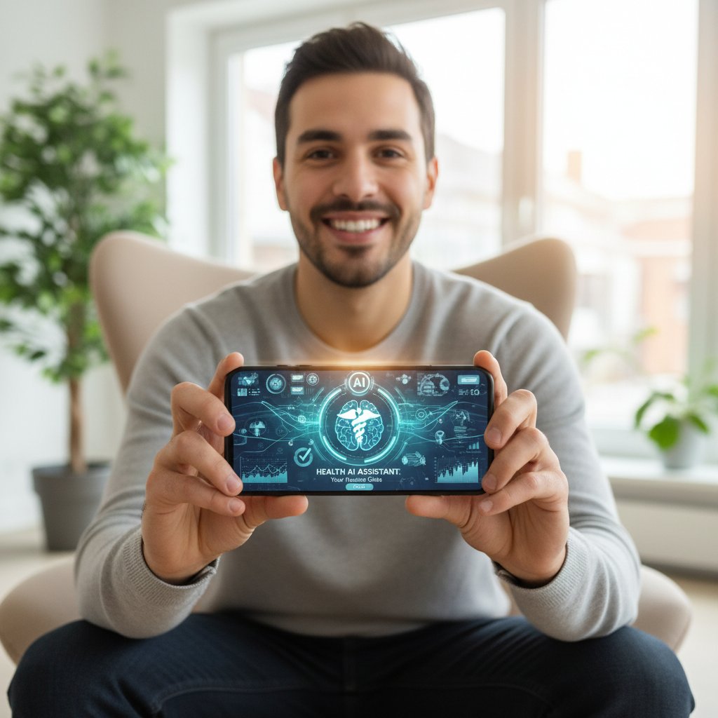 Osoba korzystająca z nowoczesnego asystenta zdrowotnego na smartfonie, ekran z aplikacją medyczną, atmosfera zaufania, technologia