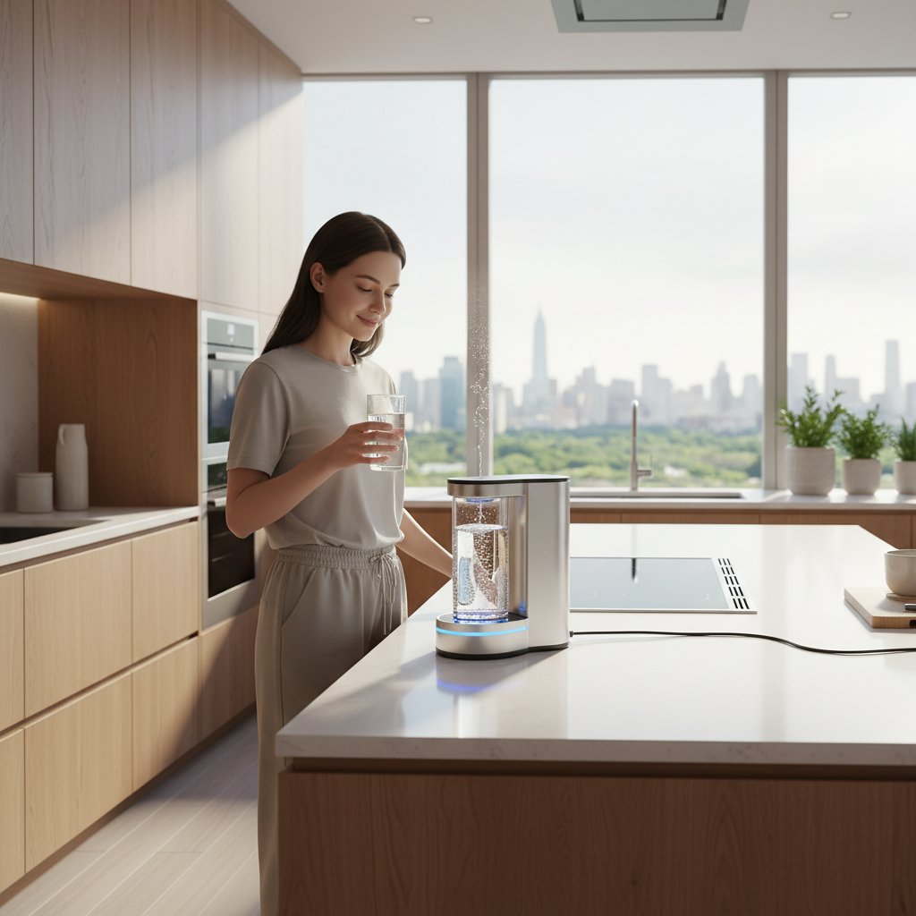 Osoba przygotowująca wodę wodorową w domowym generatorze, kuchnia