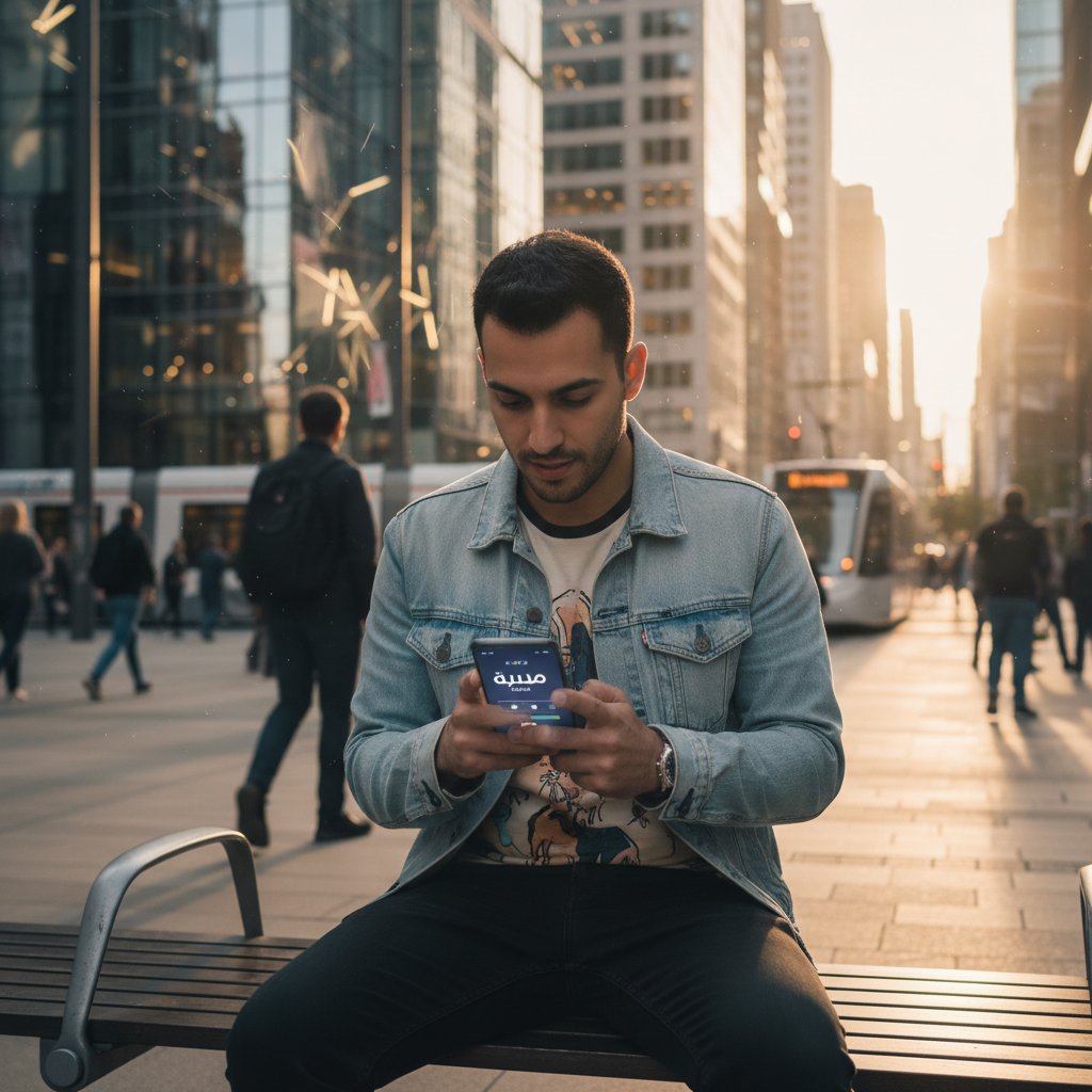 Osoba korzystająca z aplikacji do nauki arabskiego na telefonie, otoczenie miejskie, dynamiczne światło